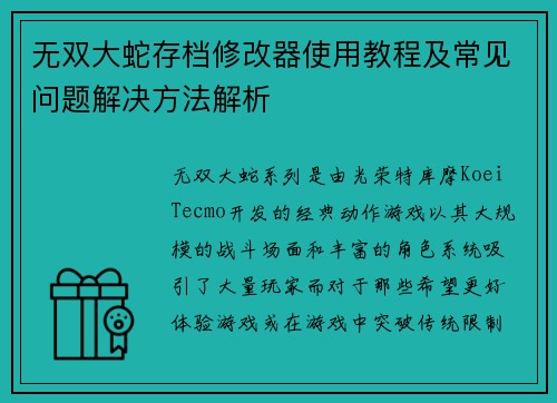 无双大蛇存档修改器使用教程及常见问题解决方法解析 无双大蛇存档修改器使用教程及常见问题解决方法解析