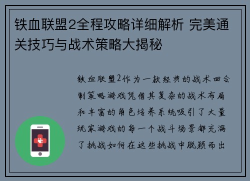 铁血联盟2全程攻略详细解析 完美通关技巧与战术策略大揭秘